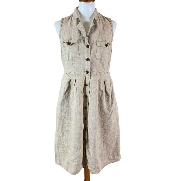 J Jill Love Linen Tan Button Front Midi Dress S Minimalist Cottagecore - Picture 1 of 5